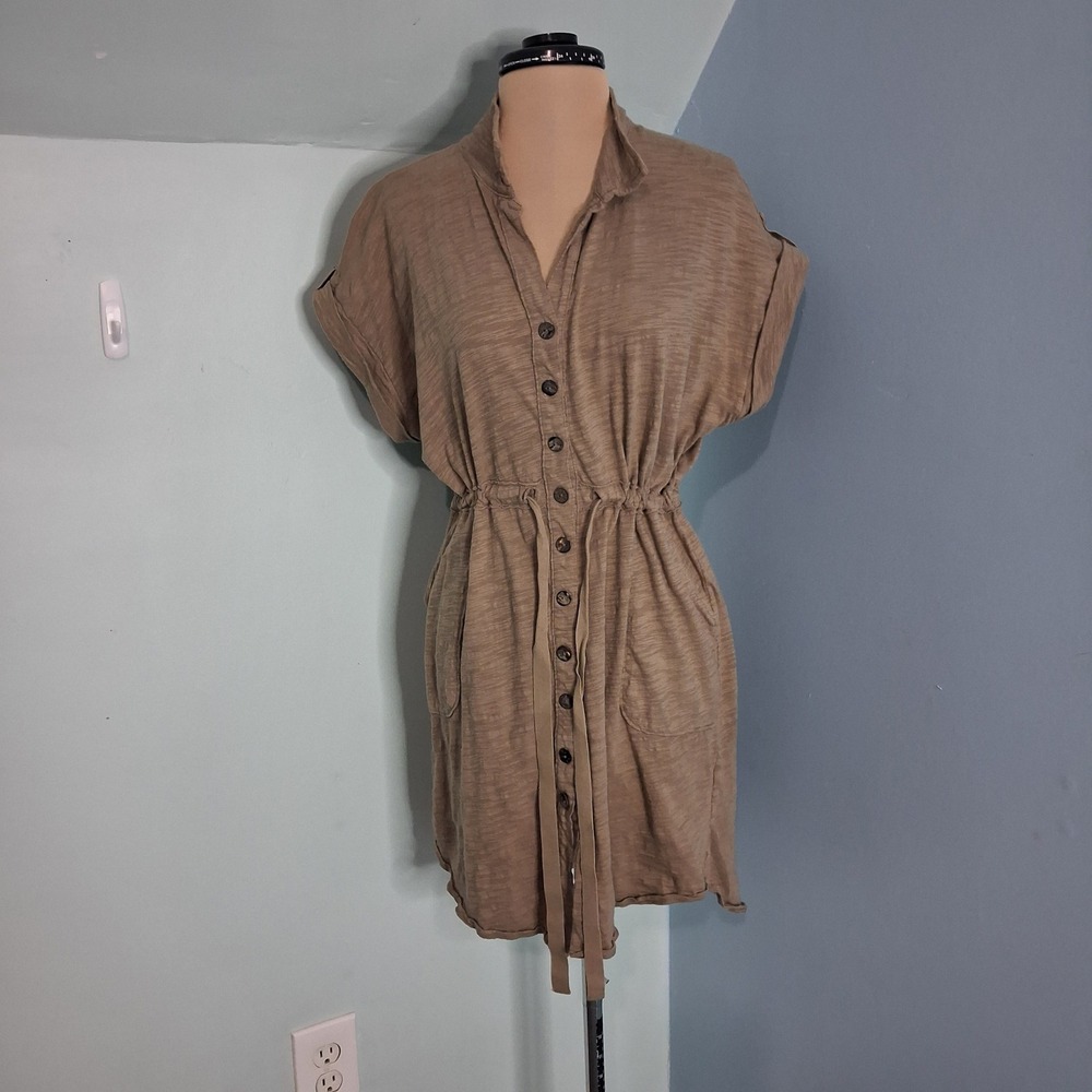 Neon Buddha Taupe Brown Cotton Button Front Drawstring Waist Shirt Dress Small